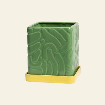 The &klevering Tribe Planter (Green), featuring an abstract textured pattern and square ceramic design, sits on a matching yellow saucer by &klevering, set against a plain light background.