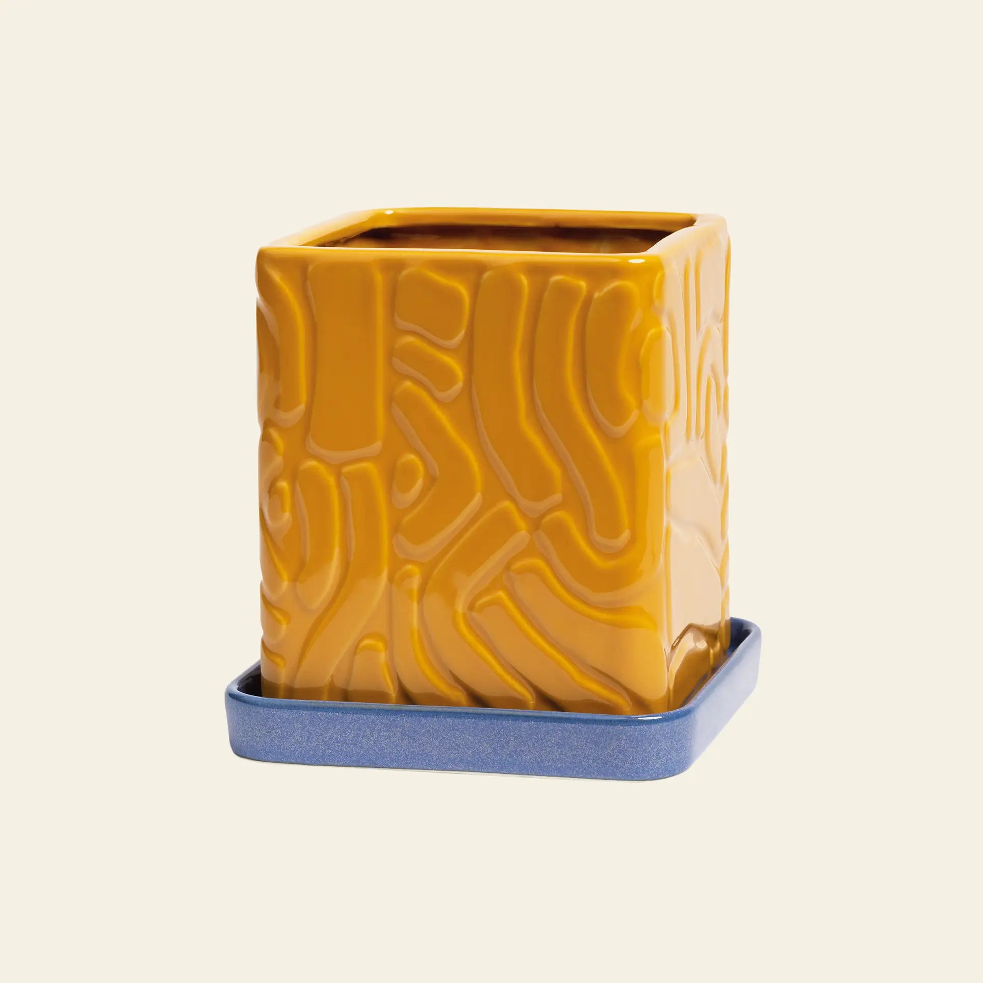 The &klevering Tribe Planter (Ochre) by &klevering is a square mustard yellow ceramic planter with an abstract raised pattern and drainage hole, sitting on a blue tray—ideal for showcasing healthy plants.