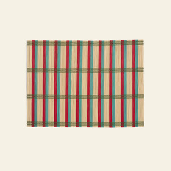 The &klevering Umami Placemat, Set of 4, features rectangular bamboo mats with green, red, blue, and beige stripes—ideal for adding vibrant style to your dining table.