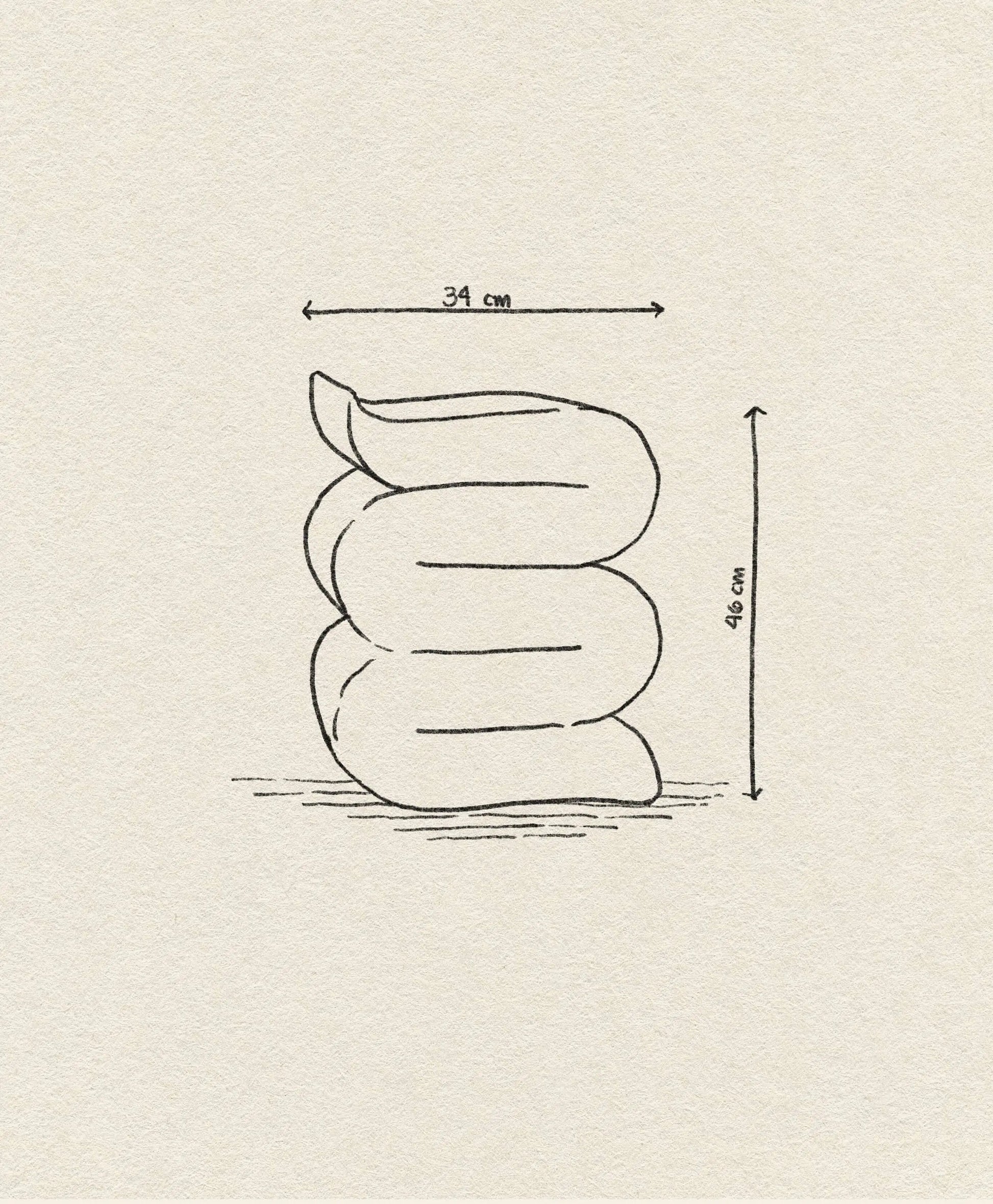 A simple line drawing of the &klevering Whip Pillar - Blue, a squiggly pastel side table by &klevering, labeled 34 cm wide and 46 cm tall, set against textured beige paper.