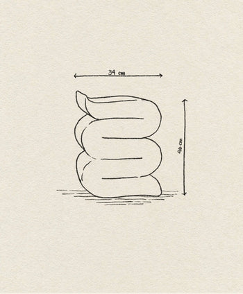 A simple line drawing of the &klevering Whip Pillar - Blue, a squiggly pastel side table by &klevering, labeled 34 cm wide and 46 cm tall, set against textured beige paper.