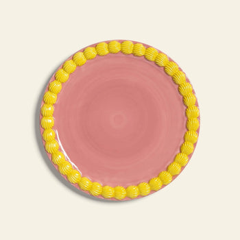 The &klevering Whipped Plate, Set of 4, features round ceramic plates with pink centers and decorative yellow scalloped edges in sweet candy colors, by &klevering, displayed on a light background.