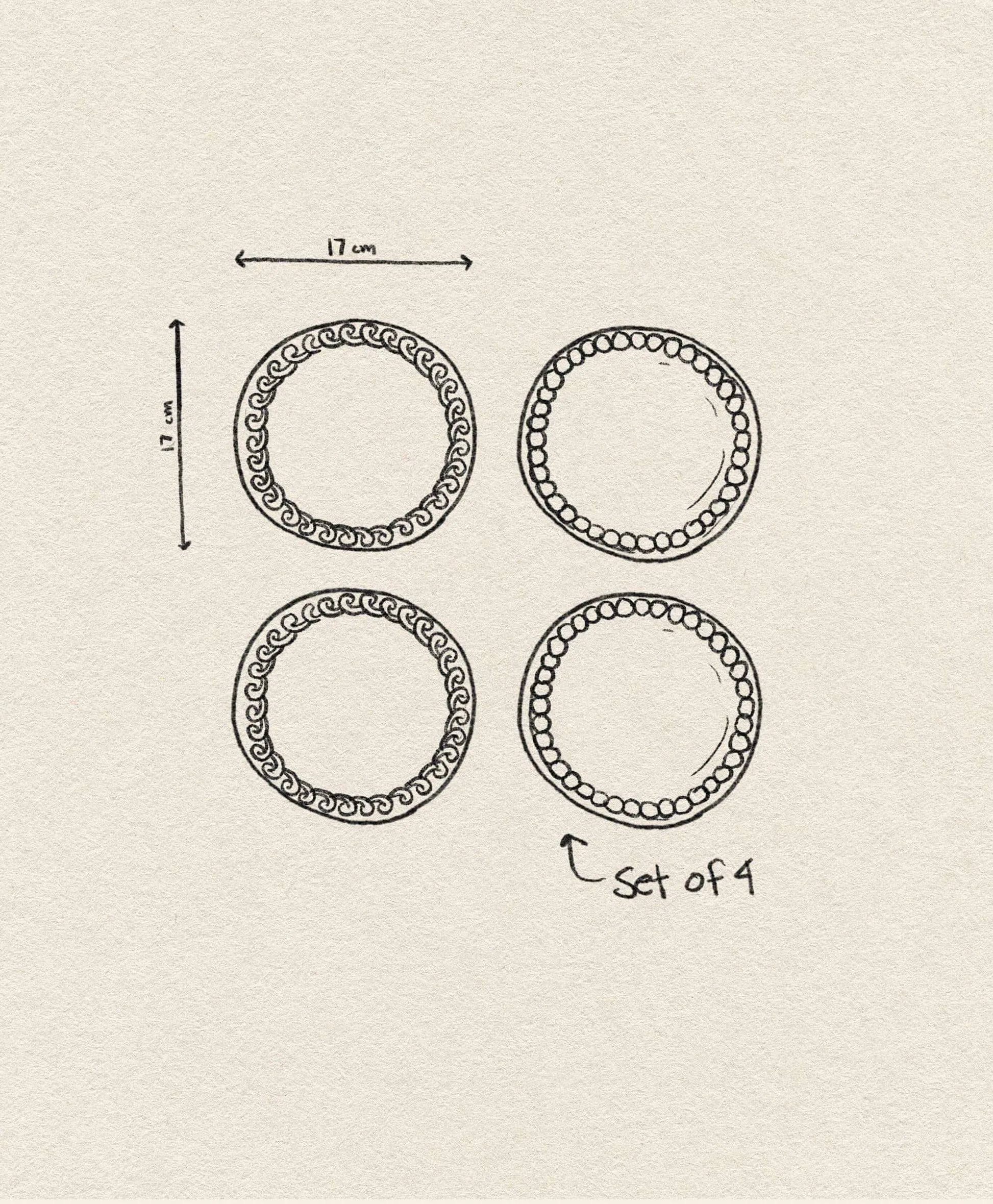 A hand-drawn sketch of four &klevering Whipped Plates (17 cm each), arranged in a square. The candy-colored plates feature decorative borders and a note that reads “set of 4” from &klevering.