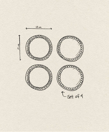 A hand-drawn sketch of four &klevering Whipped Plates (17 cm each), arranged in a square. The candy-colored plates feature decorative borders and a note that reads “set of 4” from &klevering.