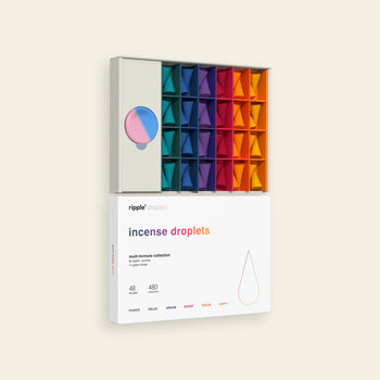 The ripple+ Incense Droplets Multipack (48 Droplets) features colorful triangular cones and lists aromatic scents—Power, Relax, Dream, Boost, Focus, and Happy—for mood enhancement on the packaging.