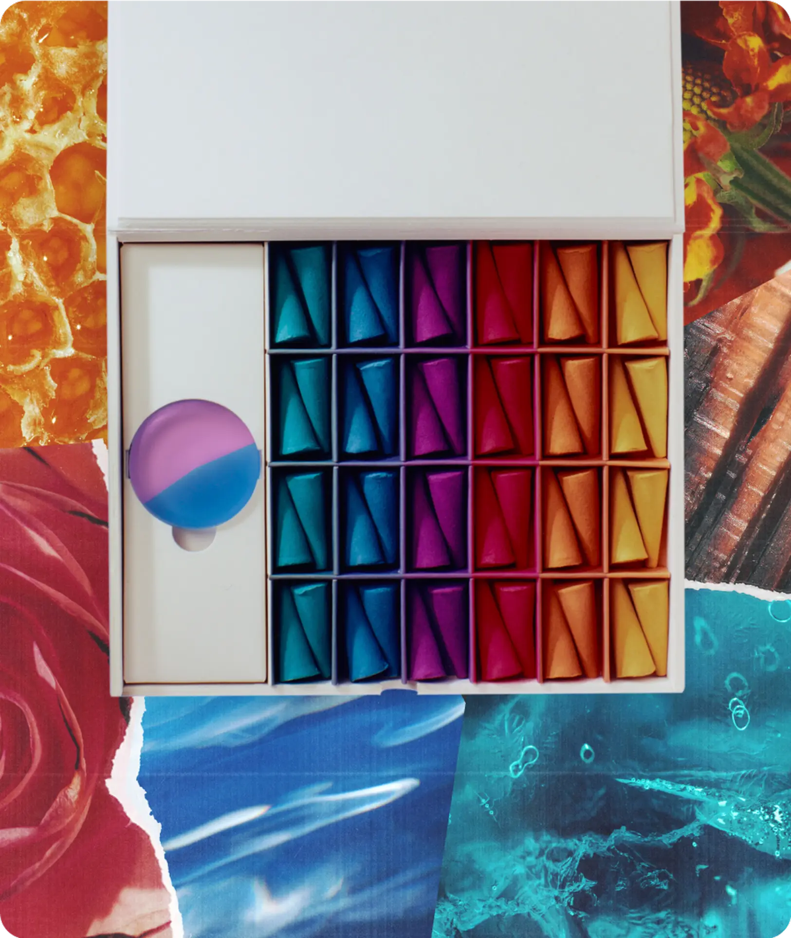 The ripple+ Incense Droplets Multipack (48 Droplets) features colorful, triangular incense in blue, purple, red, and orange, arranged neatly beside a round item on a vibrant collage—ideal for enhancing your mood.