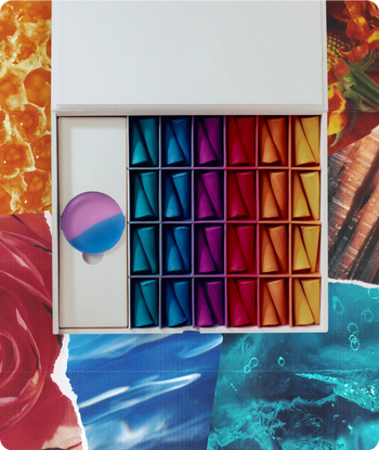 The ripple+ Incense Droplets Multipack (48 Droplets) features colorful, triangular incense in blue, purple, red, and orange, arranged neatly beside a round item on a vibrant collage—ideal for enhancing your mood.