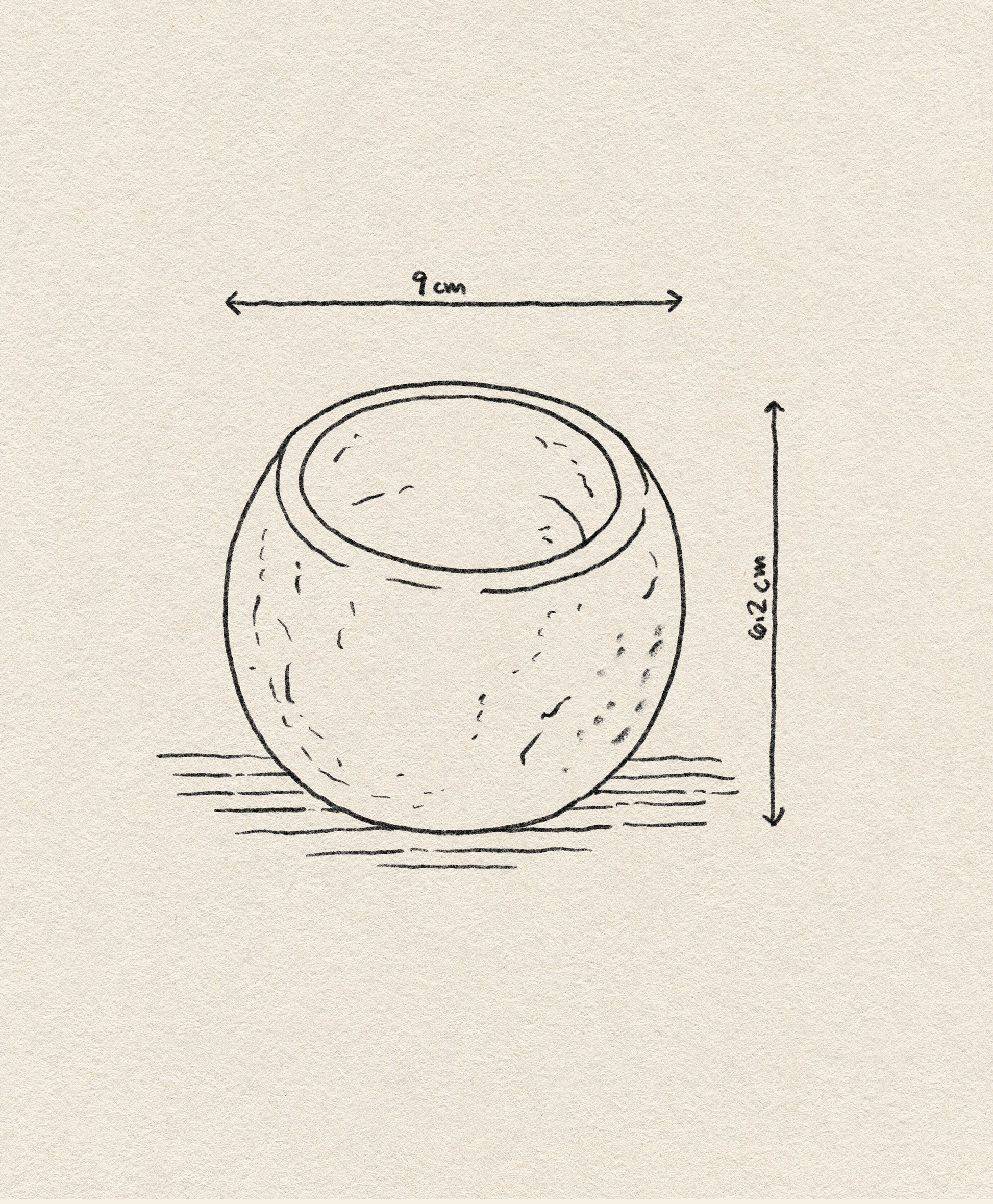 A hand-drawn sketch shows the stillgoods Abel Duo Holder, a round bowl perfect as a tealight holder, with 9 cm diameter and 6.2 cm height marked by arrows on a textured background.