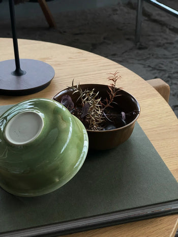 A ves Aki Bowl from the ves Aki Bowl, Set of 2 sits on a hardcover book atop a wooden table, beside an open brown bowl with dried spiky plants and purple leaves. In the background, a lamp base and sandy floor are visible.
